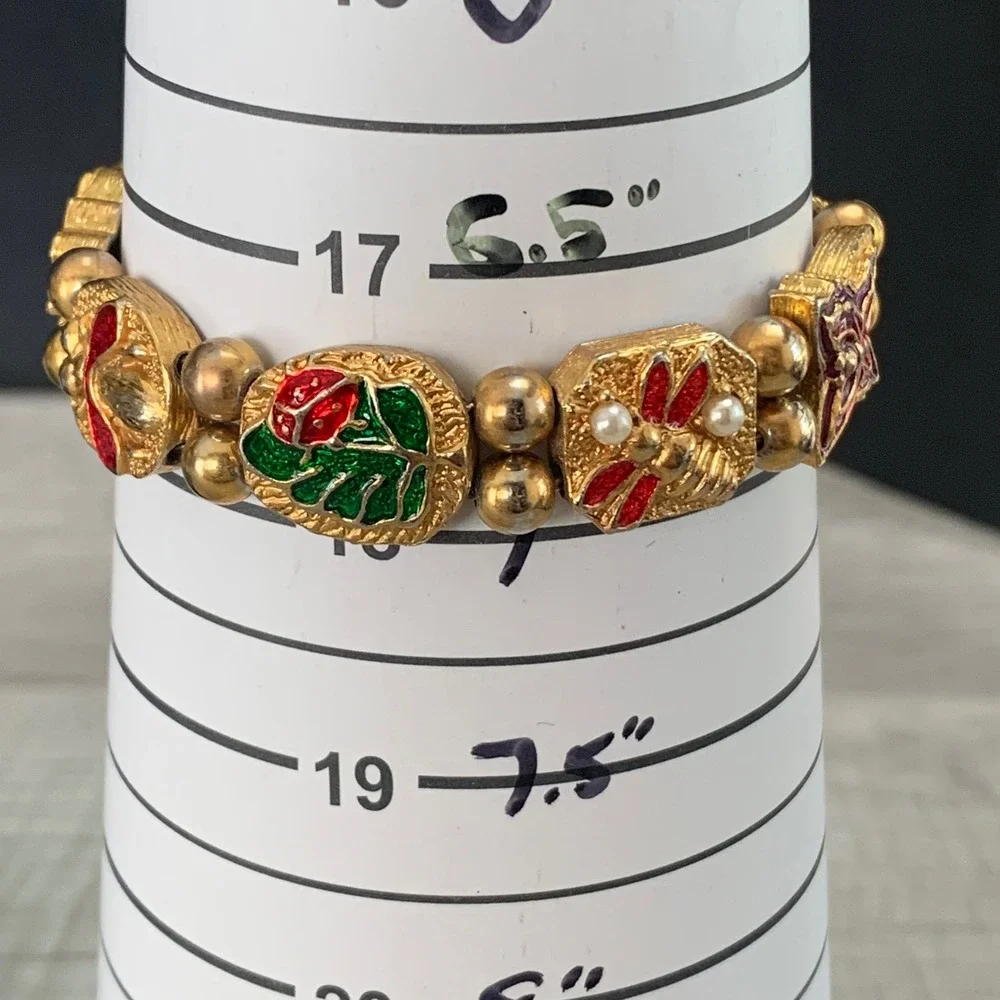 Vintage Gold Tone Enamel Garden Charm Bracelet Butterfly Ladybug Bee 7 Inch